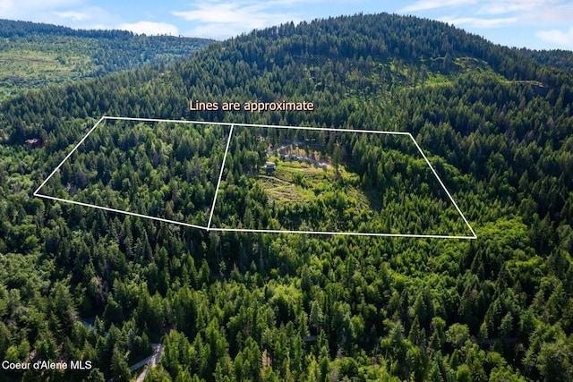 1376 Less Traveled Rd, Sagle, ID 83860 - aerial view of property and surrounding area with property boundaries highlighted and a mountainous background