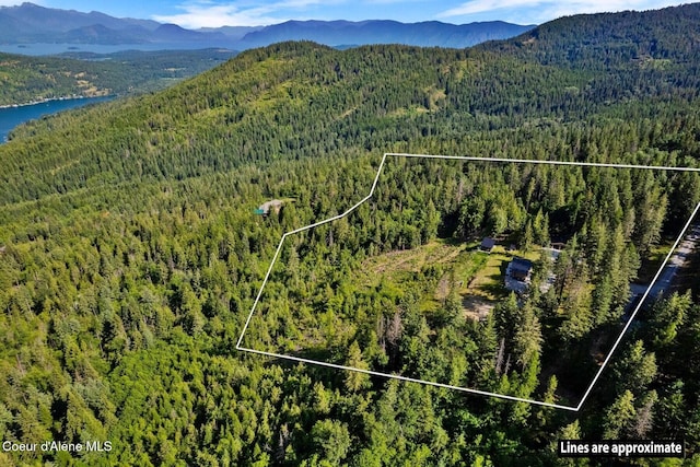 1376 Less Traveled Rd, Sagle, ID 83860 - aerial view of property and surrounding area with property parcel outlined and a water and mountain view