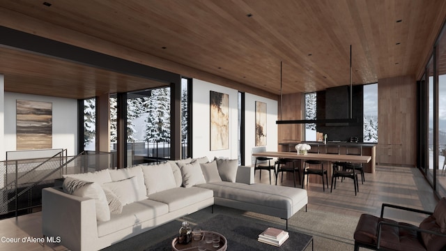 5 Crystal Springs Ct, Sandpoint, ID 83864 - living area with wooden ceiling, a wall of windows, and wood finished floors