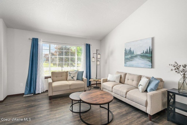 7090 N Epervier Ln, Coeur Dalene, ID 83815 - living area with dark wood finished floors, lofted ceiling, and a textured ceiling