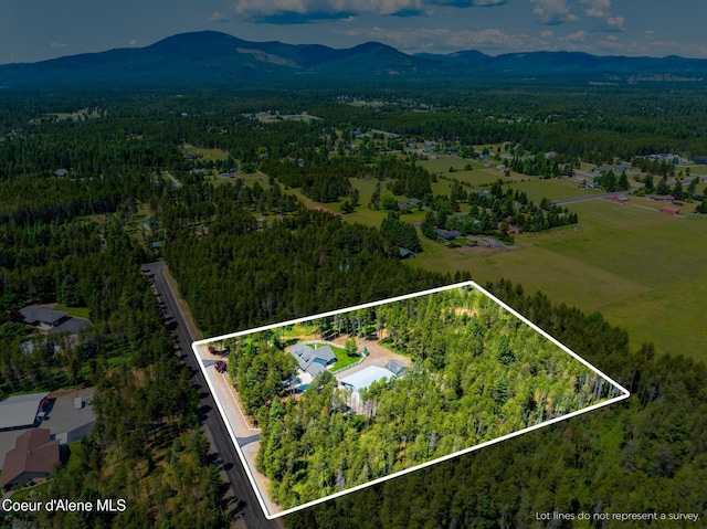 699 W Ranch Ct, Rathdrum, ID 83858 - aerial view of property and surrounding area with a mountain backdrop and property parcel outlined
