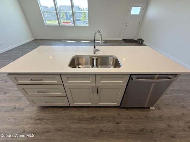 5103 E Rigel Ln, Post Falls, ID 83854 - kitchen featuring dishwasher, gray cabinetry, light stone counters, and dark wood-style floors
