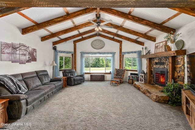4119 Colburn Culver, Sandpoint, ID 83864 - living room featuring carpet, healthy amount of natural light, ceiling fan, a fireplace, and beam ceiling