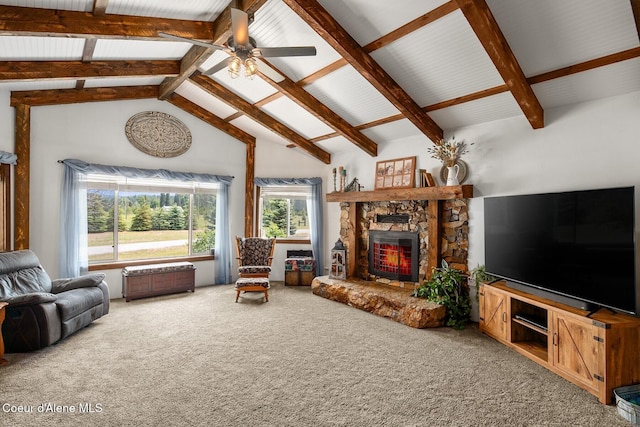 4119 Colburn Culver, Sandpoint, ID 83864 - living area featuring carpet flooring, a ceiling fan, and a stone fireplace