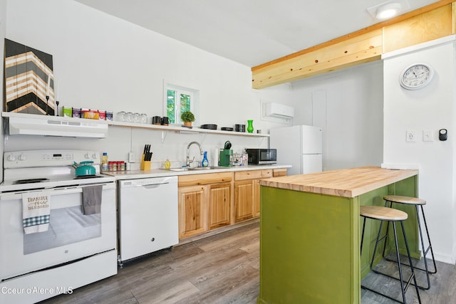 279 Birch Ave, Ponderay, ID 83852 - kitchen featuring white appliances, open shelves, under cabinet range hood, light wood-style floors, and wood counters