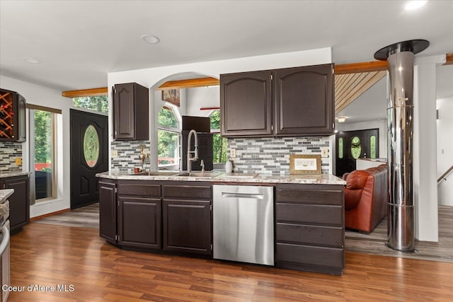 299 Oak Ter, Cocolalla, ID 83813 - kitchen with stainless steel dishwasher, backsplash, dark brown cabinetry, dark wood-style floors, and recessed lighting