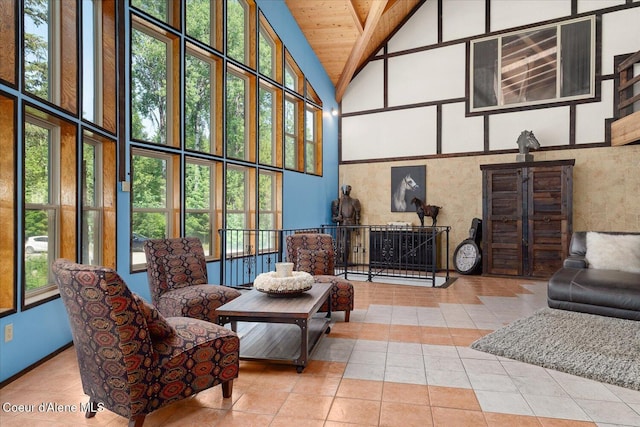 299 Oak Ter, Cocolalla, ID 83813 - living area featuring high vaulted ceiling, a wooden ceiling with exposed beams, and tile patterned floors