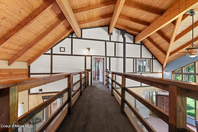299 Oak Ter, Cocolalla, ID 83813 - corridor featuring carpet flooring, high vaulted ceiling, and a wooden ceiling with exposed beams