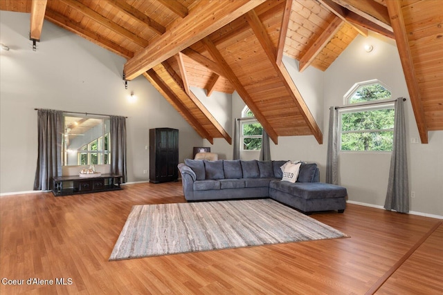 299 Oak Ter, Cocolalla, ID 83813 - living area with a wood ceiling with exposed beams, wood finished floors, and high vaulted ceiling