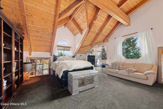 299 Oak Ter, Cocolalla, ID 83813 - bedroom featuring carpet flooring, a wooden ceiling with exposed beams, and high vaulted ceiling