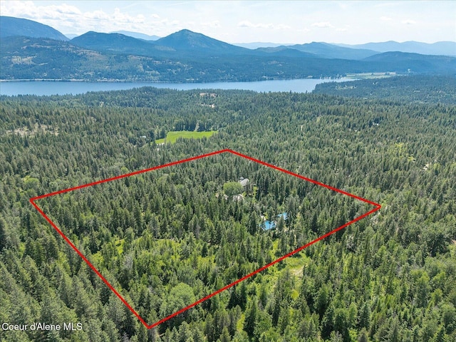 299 Oak Ter, Cocolalla, ID 83813 - aerial overview of property's location with property parcel outlined and a water and mountain view