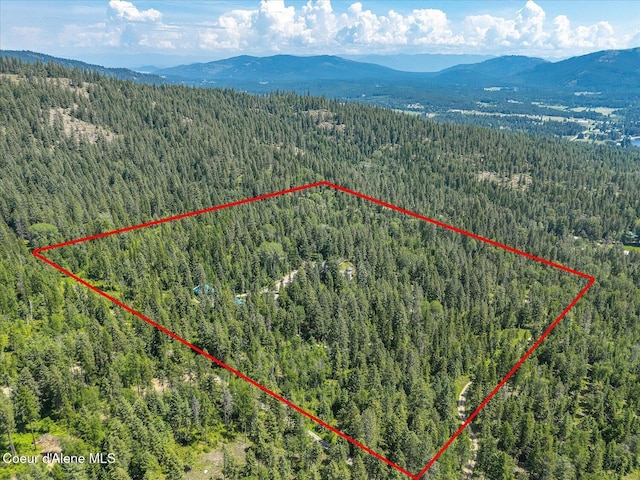299 Oak Ter, Cocolalla, ID 83813 - aerial overview of property's location with a mountain backdrop and property boundaries highlighted