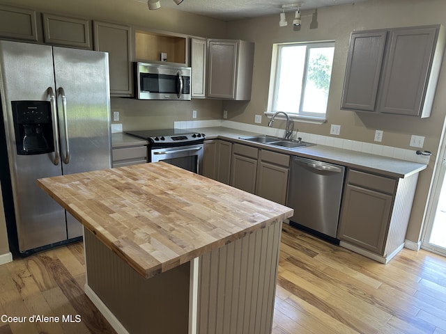 3619 W Manning Loop, Coeur Dalene, ID 83815 - kitchen with appliances with stainless steel finishes, butcher block countertops, light wood-style flooring, and gray cabinetry