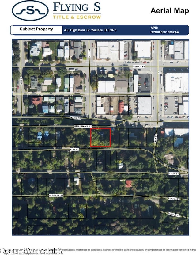 408 High Bank St, Wallace, ID 83873 - aerial overview of property's location with property boundaries highlighted