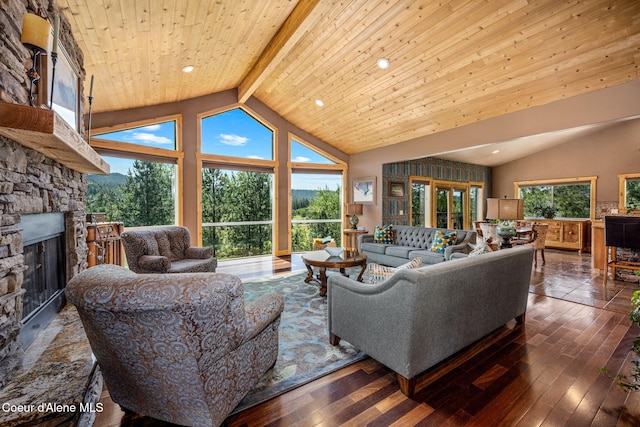 602 Country Club Ln, Pinehurst, ID 83850 - living area featuring a stone fireplace, hardwood / wood-style floors, high vaulted ceiling, recessed lighting, and a wooden ceiling with exposed beams