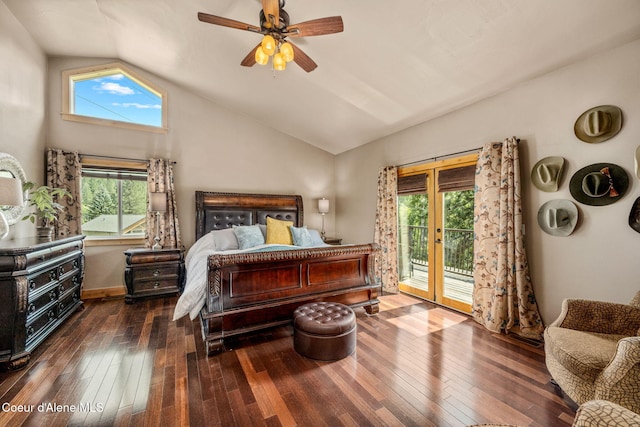 602 Country Club Ln, Pinehurst, ID 83850 - bedroom with access to exterior, lofted ceiling, wood-type flooring, multiple windows, and a ceiling fan