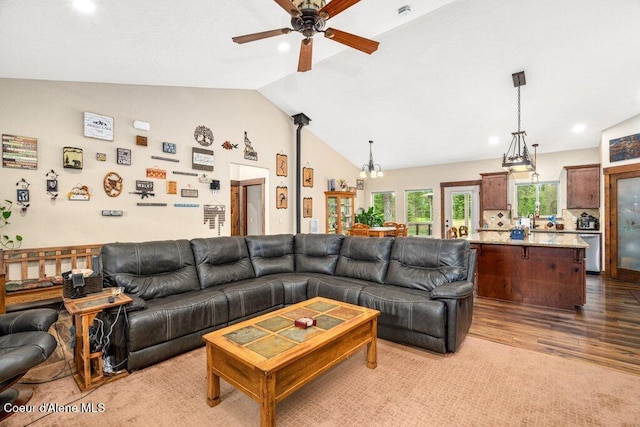 695 W Keva Ln, Athol, ID 83801 - living area with a ceiling fan, wood finished floors, recessed lighting, and high vaulted ceiling