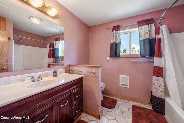 9067 W Coeur D Alene Dr, Spirit Lake, ID 83869 - full bathroom with vanity, shower / tub combo with curtain, tile patterned floors, and heating unit