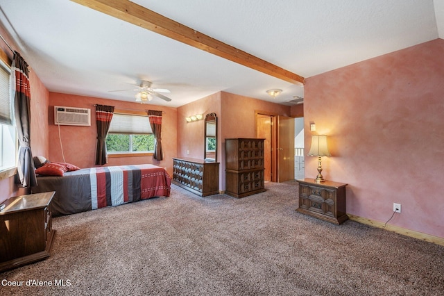 9067 W Coeur D Alene Dr, Spirit Lake, ID 83869 - bedroom with carpet flooring, a wall unit AC, beamed ceiling, and a ceiling fan