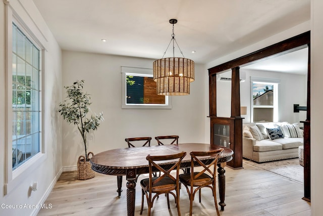 917 N Boyer Ave, Sandpoint, ID 83864 - dining area with light wood-style flooring, healthy amount of natural light, a chandelier, and recessed lighting