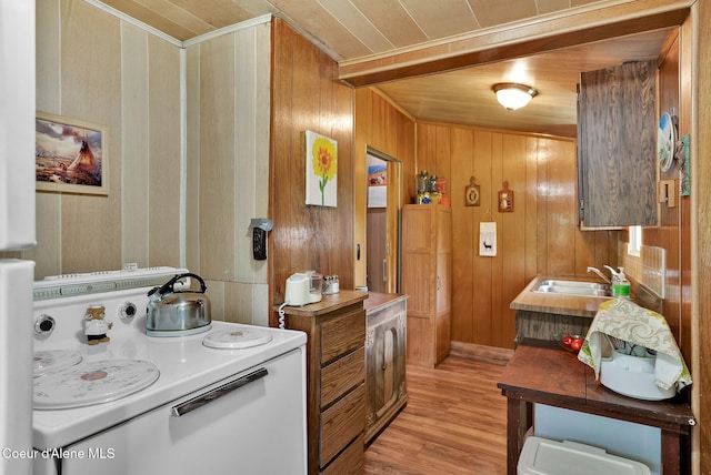 498 Lakeview Rd, Bayview, ID 83803 - kitchen with electric stove, light wood finished floors, wooden ceiling, wood walls, and brown cabinets
