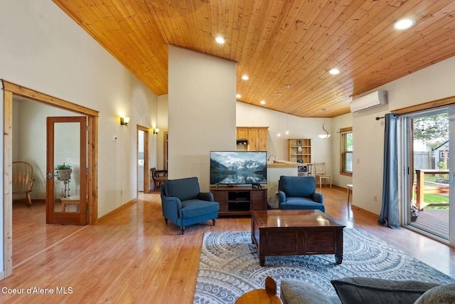 1625 Sequoia, Sandpoint, ID 83864 - living room featuring a wall unit AC, wood ceiling, vaulted ceiling, light wood-style flooring, and recessed lighting