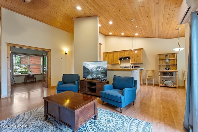 1625 Sequoia, Sandpoint, ID 83864 - living area featuring wooden ceiling, a wall unit AC, high vaulted ceiling, light wood-style floors, and recessed lighting