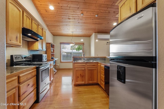 1625 Sequoia, Sandpoint, ID 83864 - kitchen with stainless steel appliances, ventilation hood, wood ceiling, a peninsula, and light wood-style floors
