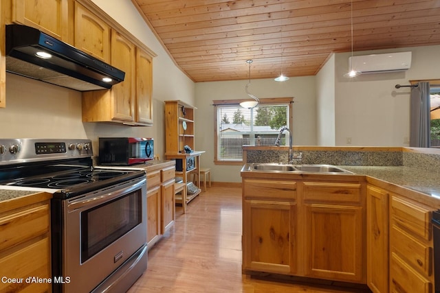 1625 Sequoia, Sandpoint, ID 83864 - kitchen with stainless steel range with electric cooktop, exhaust hood, black microwave, wooden ceiling, and a wall unit AC
