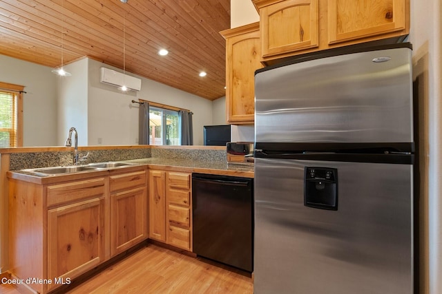 1625 Sequoia, Sandpoint, ID 83864 - kitchen with freestanding refrigerator, dishwasher, wood ceiling, light wood-style floors, and decorative light fixtures