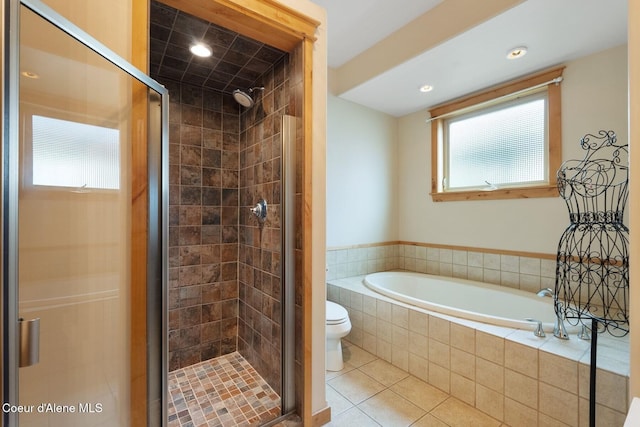 1625 Sequoia, Sandpoint, ID 83864 - bathroom with a bath, tile patterned flooring, a shower stall, and recessed lighting