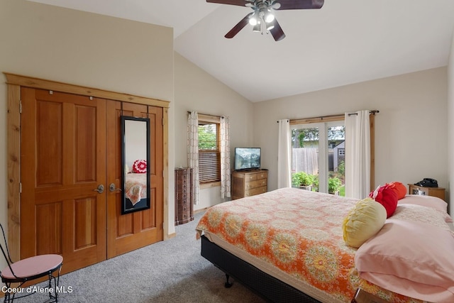1625 Sequoia, Sandpoint, ID 83864 - bedroom with carpet, ceiling fan, access to outside, and high vaulted ceiling