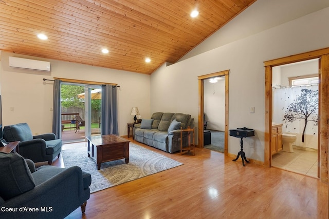 1625 Sequoia, Sandpoint, ID 83864 - living area featuring an AC wall unit, light wood-type flooring, vaulted ceiling, wood ceiling, and recessed lighting