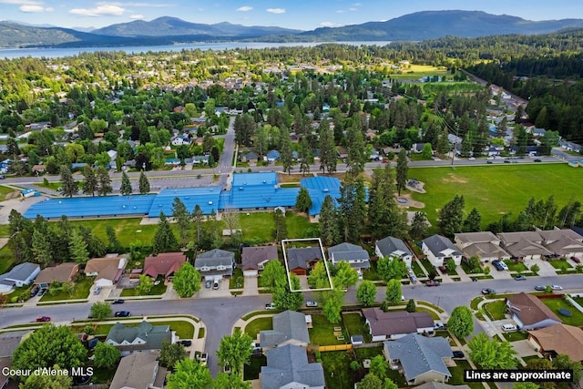 1625 Sequoia, Sandpoint, ID 83864 - aerial view of residential area with a water and mountain view and property parcel outlined