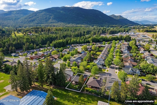 1625 Sequoia, Sandpoint, ID 83864 - aerial view of residential area with property boundaries highlighted and a mountain backdrop