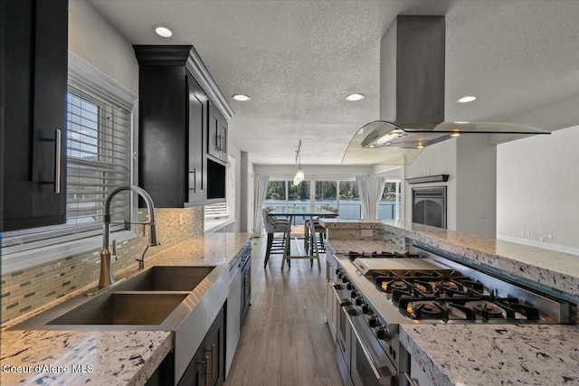 1922 E Rodkey Dr, Post Falls, ID 83854 - kitchen with stainless steel appliances, a textured ceiling, dark cabinets, wood finished floors, and light stone countertops