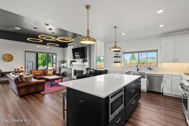 3811 N Foxtail Rd, Post Falls, ID 83854 - kitchen with stainless steel appliances, dark cabinets, open floor plan, white cabinets, and recessed lighting