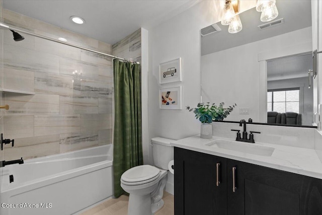 3811 N Foxtail Rd, Post Falls, ID 83854 - bathroom with vanity, shower / bath combo, tile patterned floors, and recessed lighting