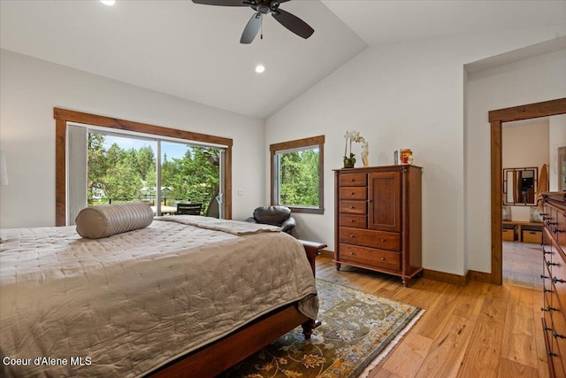 11667 N Eastshore Dr, Hayden, ID 83835 - bedroom with lofted ceiling, light wood finished floors, access to outside, recessed lighting, and ceiling fan