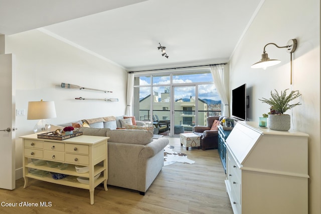 201 N 1st St # 1006, Coeur Dalene, ID 83814 - living room featuring crown molding, light wood-style flooring, and floor to ceiling windows
