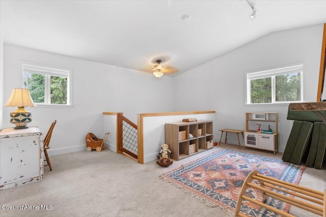 14250 W Sunmeadow Rd, Worley, ID 83876 - bedroom featuring multiple windows, lofted ceiling, carpet, and track lighting
