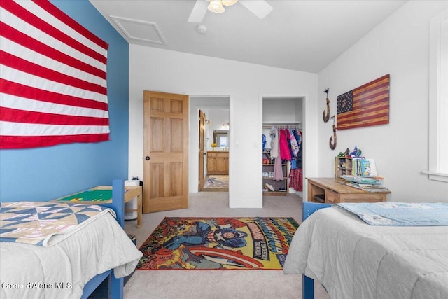 14250 W Sunmeadow Rd, Worley, ID 83876 - carpeted bedroom with attic access, vaulted ceiling, a closet, and a ceiling fan