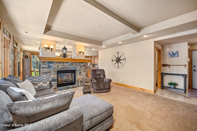653 Dover Bay Pkwy Unit 101, Dover, ID 83825 - carpeted living area with a fireplace, recessed lighting, and beamed ceiling