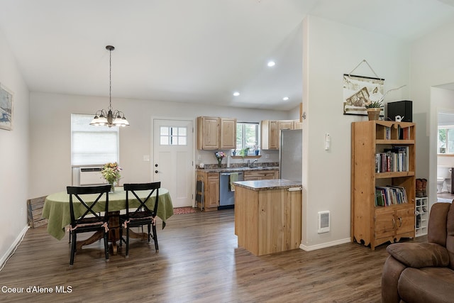 81 Mango St, Moyie Springs, ID 83845 - kitchen featuring stainless steel appliances, light brown cabinetry, dark wood finished floors, a chandelier, and recessed lighting