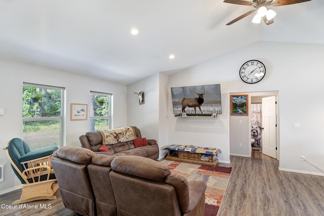 81 Mango St, Moyie Springs, ID 83845 - living room featuring lofted ceiling, wood finished floors, a ceiling fan, and recessed lighting