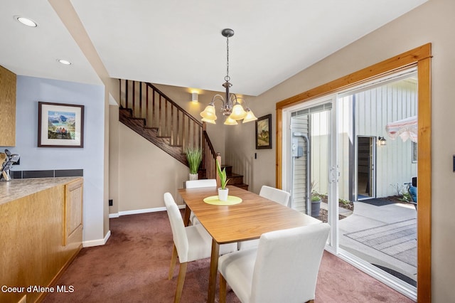 303 S 19th St, Coeur Dalene, ID 83814 - dining area with stairway, dark carpet, a chandelier, and recessed lighting
