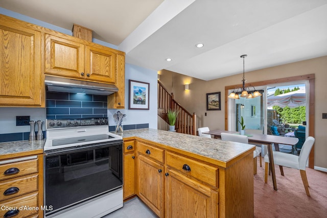 303 S 19th St, Coeur Dalene, ID 83814 - kitchen featuring white range with electric cooktop, under cabinet range hood, a peninsula, a chandelier, and tasteful backsplash