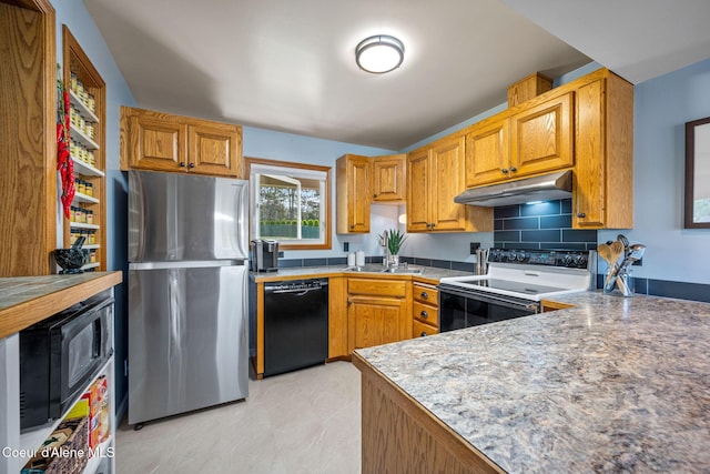 303 S 19th St, Coeur Dalene, ID 83814 - kitchen featuring freestanding refrigerator, under cabinet range hood, white electric range oven, dishwasher, and tasteful backsplash