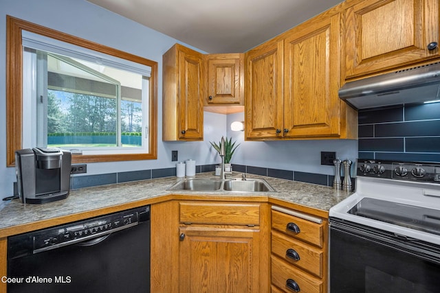 303 S 19th St, Coeur Dalene, ID 83814 - kitchen with white electric range, black dishwasher, and brown cabinetry