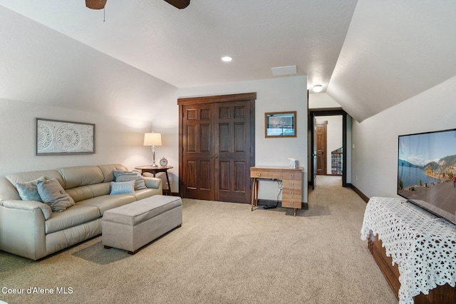 1431 W Ashmont Way, Coeur Dalene, ID 83815 - living room featuring vaulted ceiling, light carpet, ceiling fan, and recessed lighting